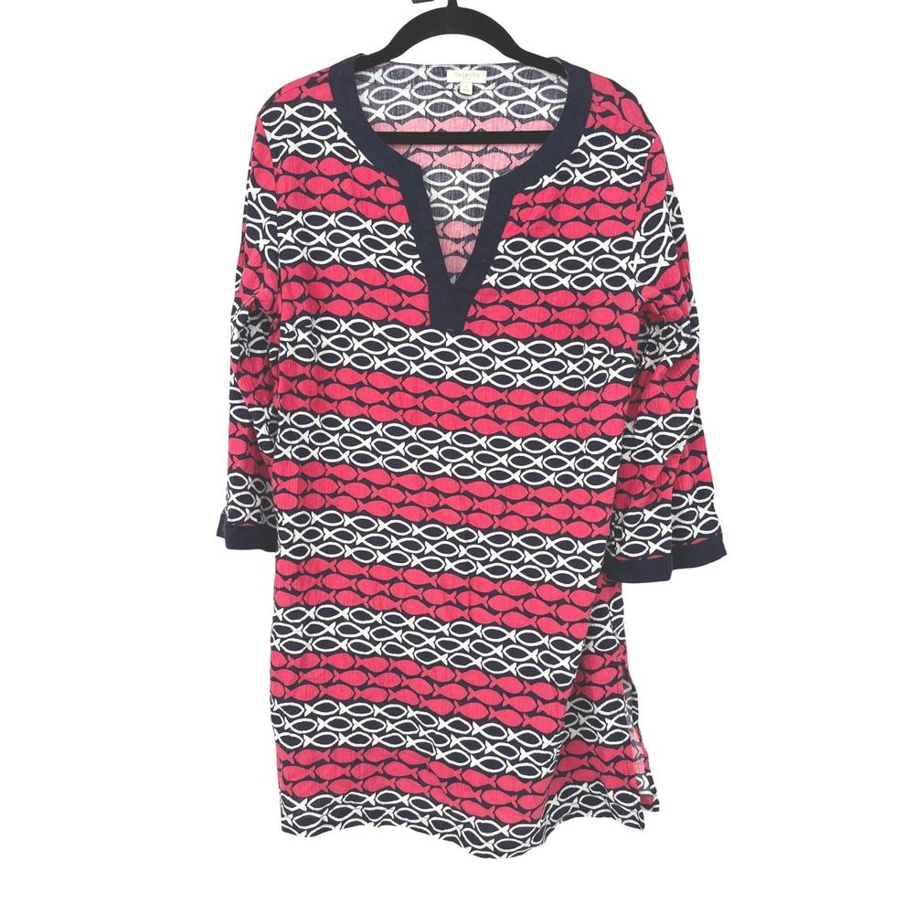 Talbots Tunic Coverup Womens S Pink Nautical Fish Print Beach 3/4 Sleeve Resort